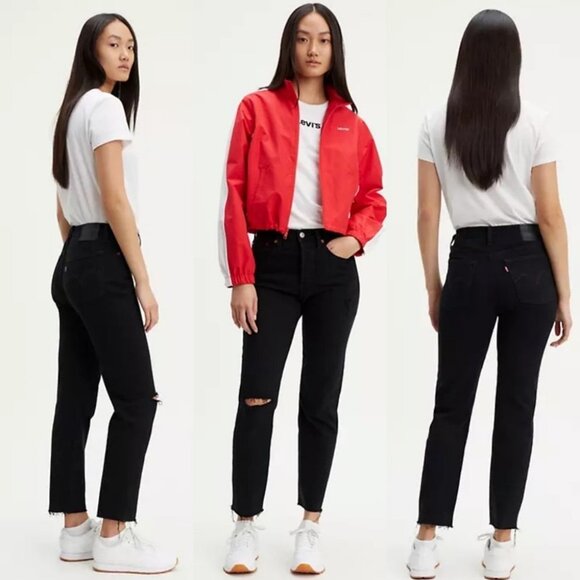 Levis Wedgie Icon Fit Black Size 26 Button Fly High Rise Raw Hem Distressed Jean - Picture 1 of 14